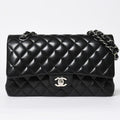 Chanel Quilted 25 Double Flap Chain Shoulder Bag CC Logo Lambskin Black Silver