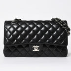 Chanel Quilted 25 Double Flap Chain Shoulder Bag CC Logo Lambskin Black Silver