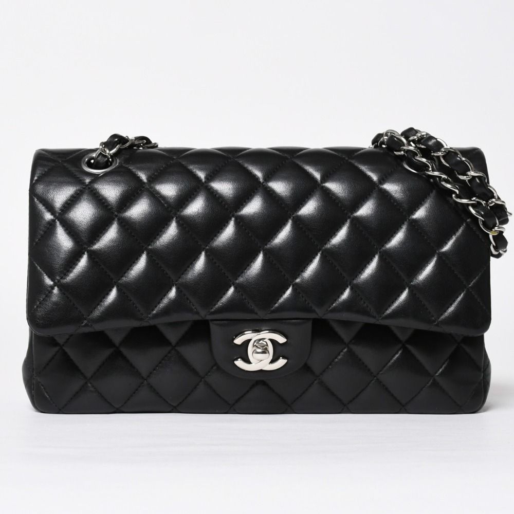Chanel Quilted 25 Double Flap Chain Shoulder Bag CC Logo Lambskin Black Silver
