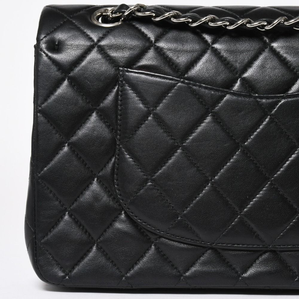 Chanel Quilted 25 Double Flap Chain Shoulder Bag CC Logo Lambskin Black Silver — view 8