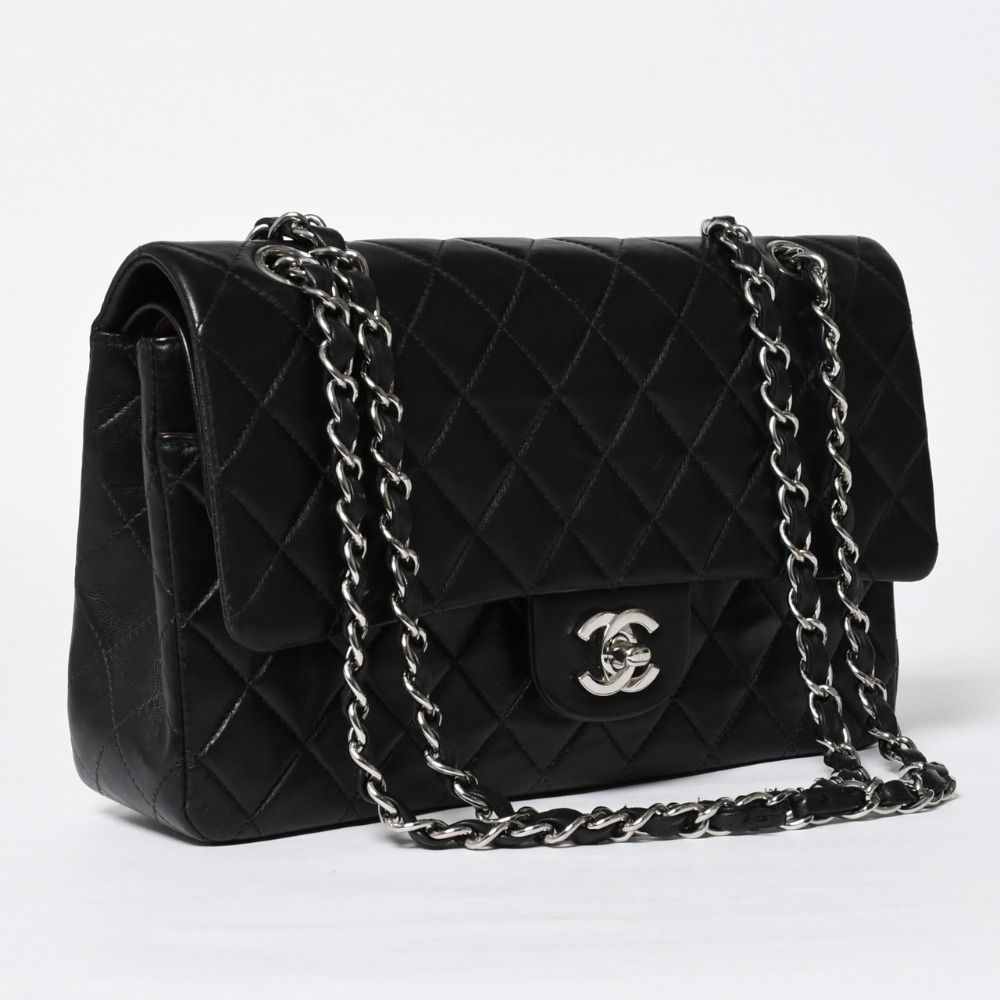 Chanel Quilted 25 Double Flap Chain Shoulder Bag CC Logo Lambskin Black Silver — view 3
