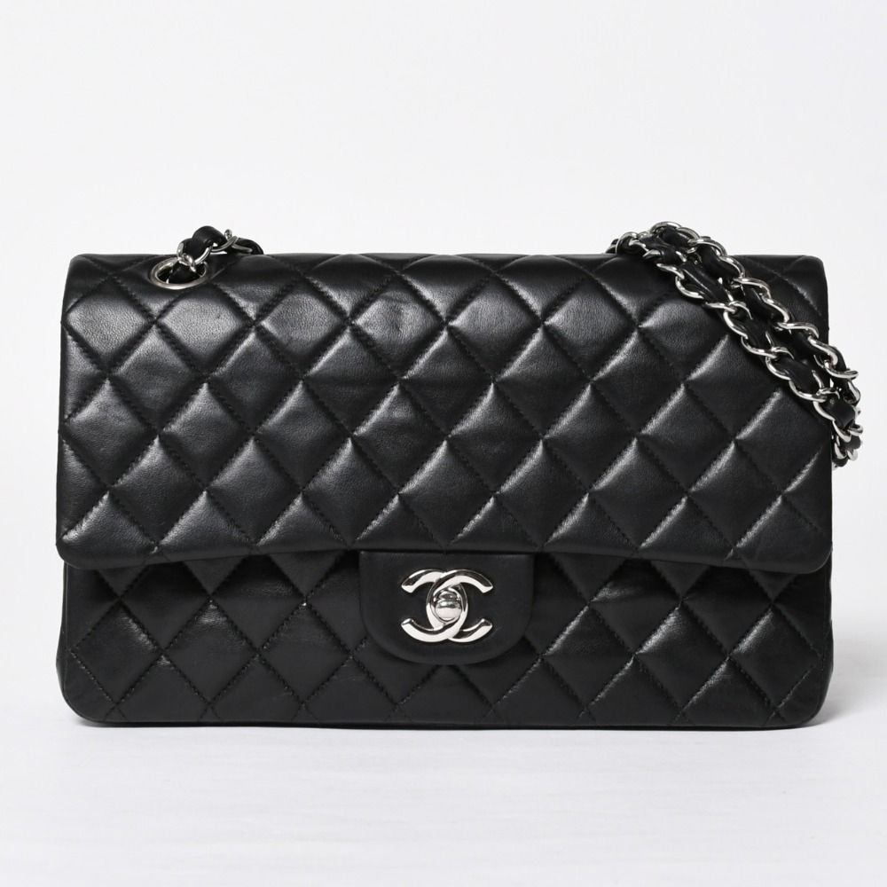 Chanel Quilted 25 Double Flap Chain Shoulder Bag CC Logo Lambskin Black Silver