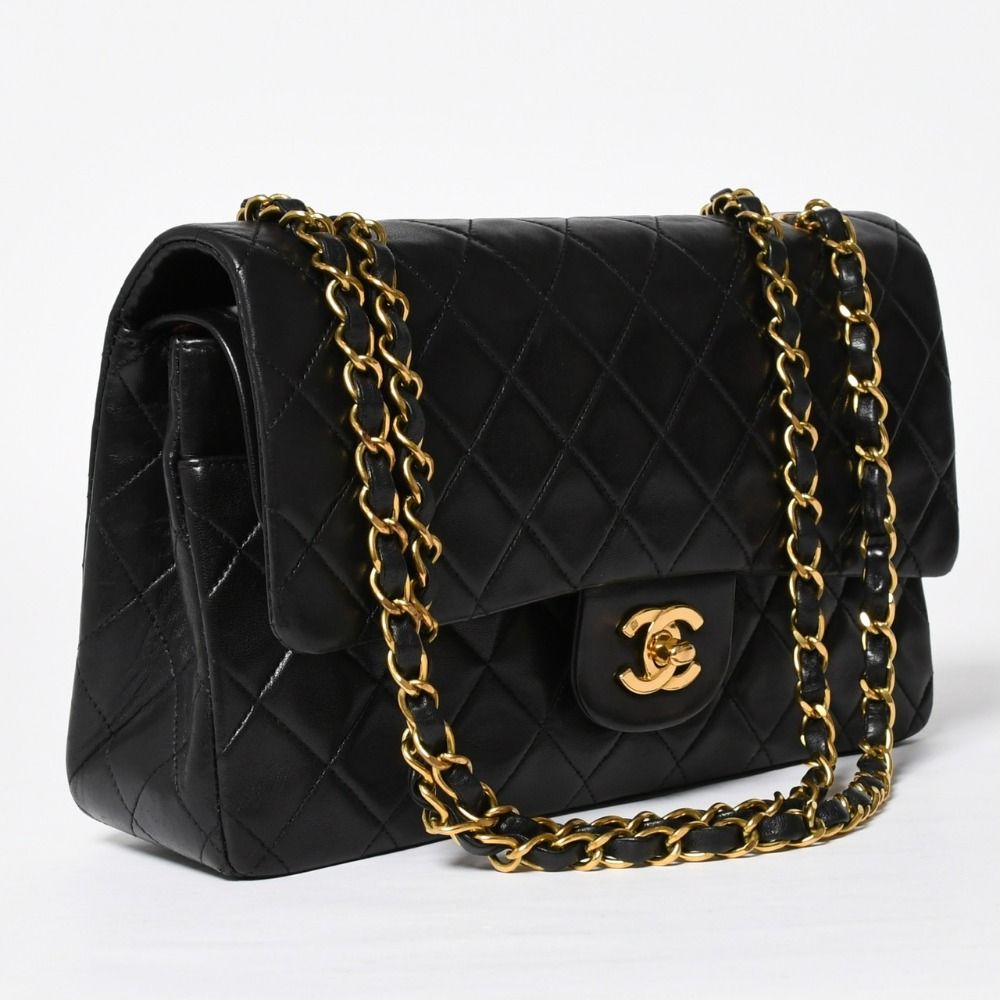 Chanel Quilted 25 Double Flap Chain Shoulder Bag Lambskin CC Logo Black Gold — view 3