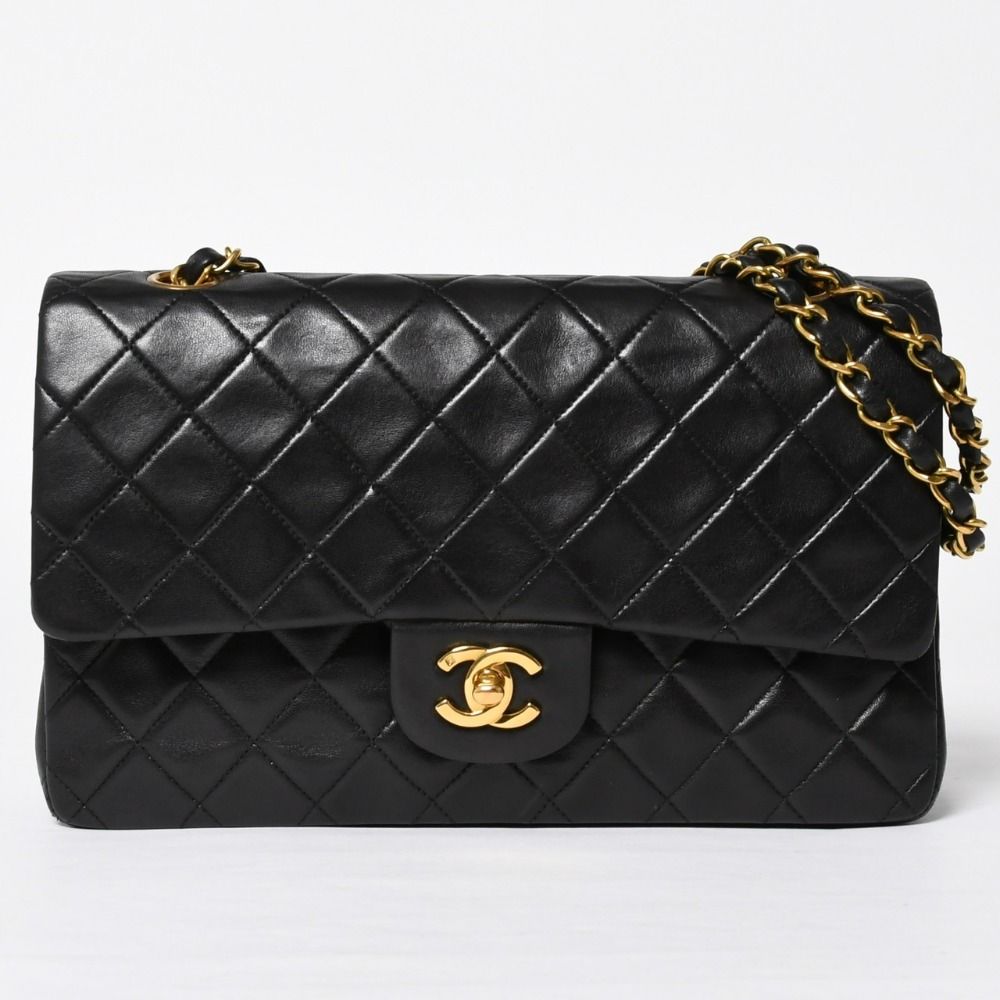 Chanel Quilted 25 Double Flap Chain Shoulder Bag Lambskin CC Logo Black Gold