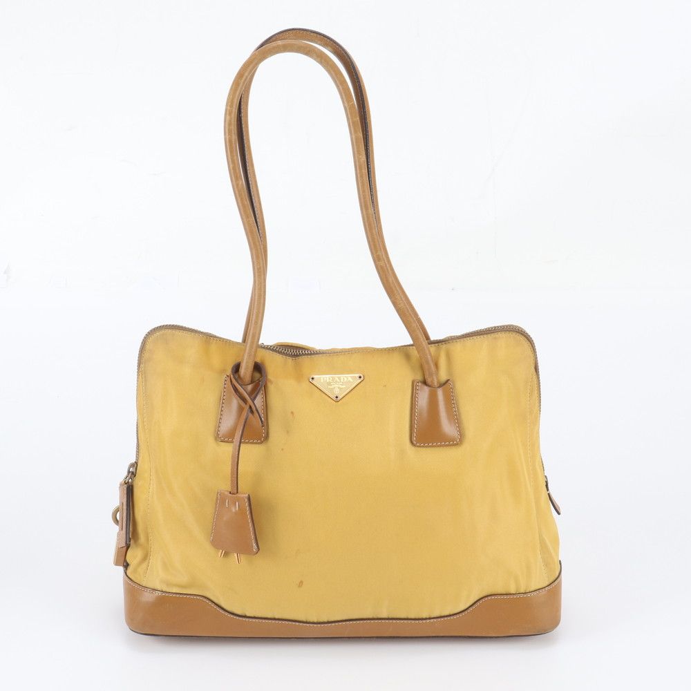 Prada Vintage Tessuto Nylon Triangle Logo Leather Tote Bag