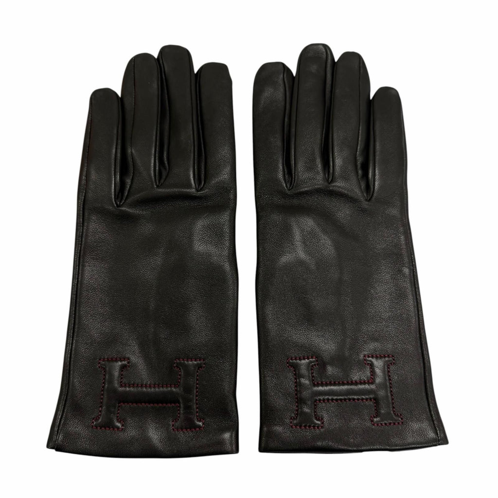 Hermes Bastille Agneau Glace H Logo Embroidery Leather Globe Gloves Black 6.5 — view 3