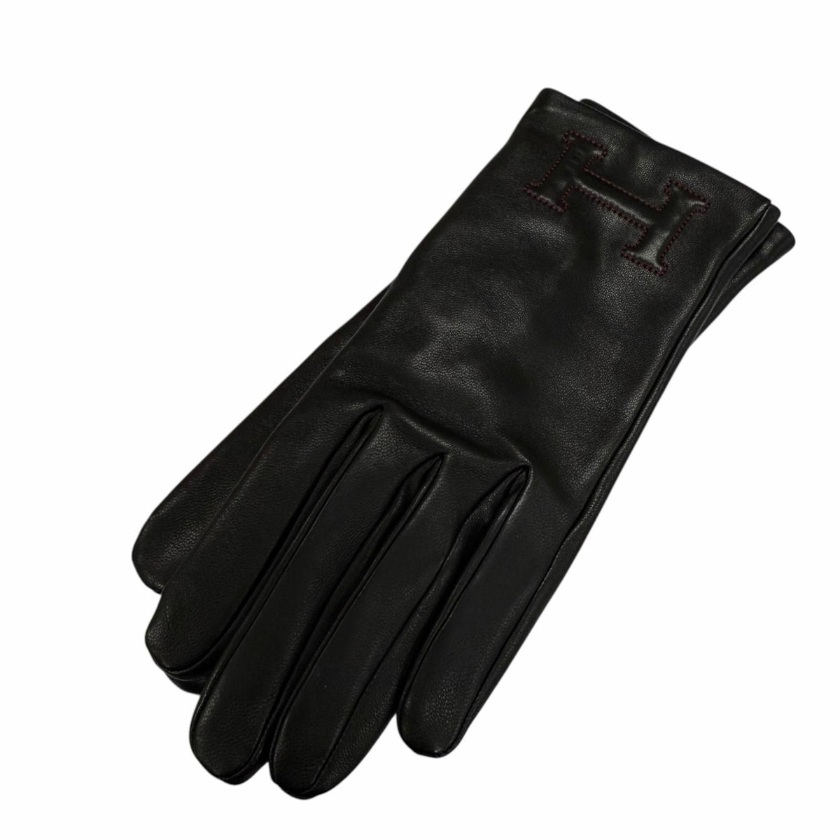 Hermes Bastille Agneau Glace H Logo Embroidery Leather Globe Gloves Black 6.5