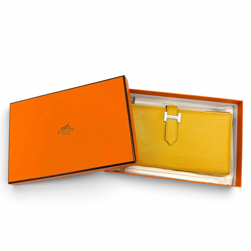 Hermes Bearn Soufflet Chevre Silver H Logo Wallet Yellow — view 2