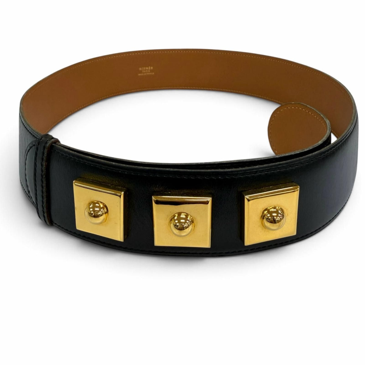 Hermes Vintage Leather Gold Buckle Belt Black 75