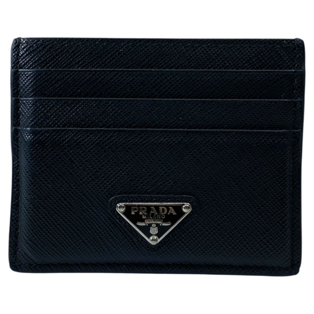 Prada Saffiano Card Case Triangle Logo Leather Black Silver