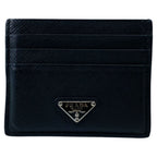Prada Saffiano Card Case Triangle Logo Leather Black Silver