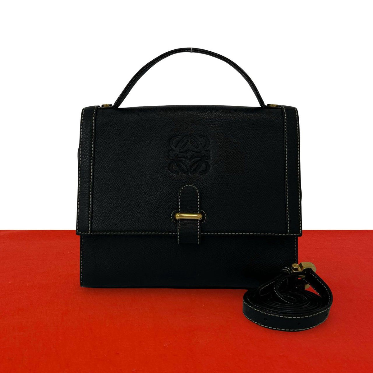 Loewe Vintage Anagram Logo Leather 2-Way Shoulder Bag Pochette Black