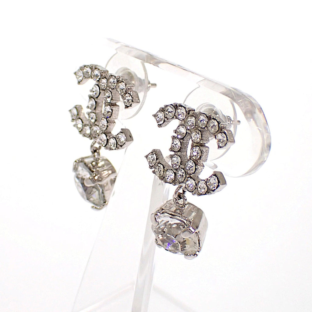 Chanel CC Logo Earrings Metal Crystal Silver — view 3