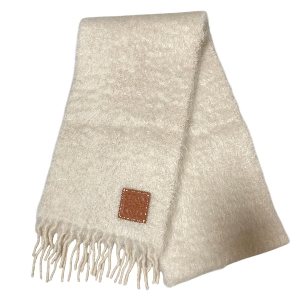 Loewe Anagram Patch Mohair Shaggy Scarf Off White