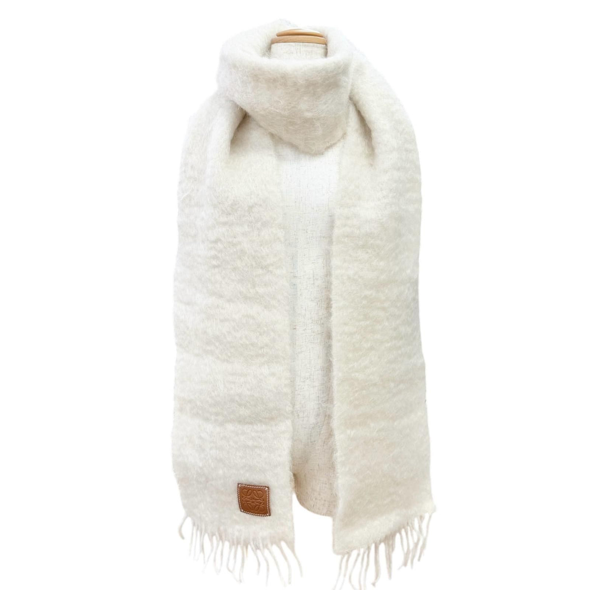 Loewe Mohair Wool Anagram Leather Patch Fringe Long Scarf Ivory — view 3