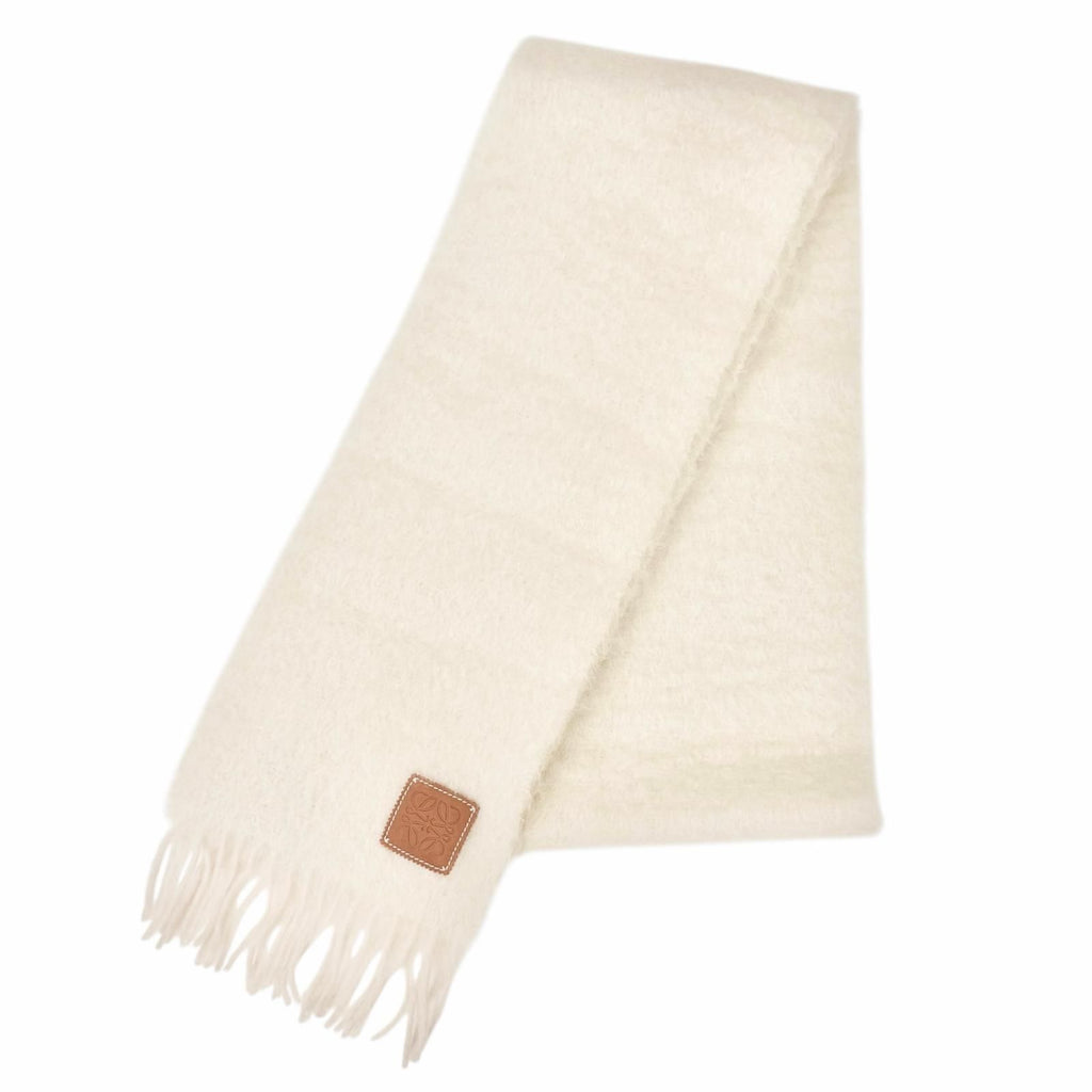 Loewe Mohair Wool Anagram Leather Patch Fringe Long Scarf Ivory
