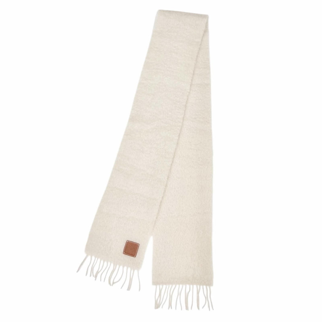 Loewe Mohair Wool Anagram Leather Patch Fringe Long Scarf Ivory — view 4