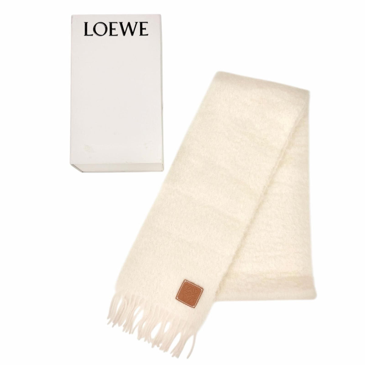 Loewe Mohair Wool Anagram Leather Patch Fringe Long Scarf Ivory — view 2