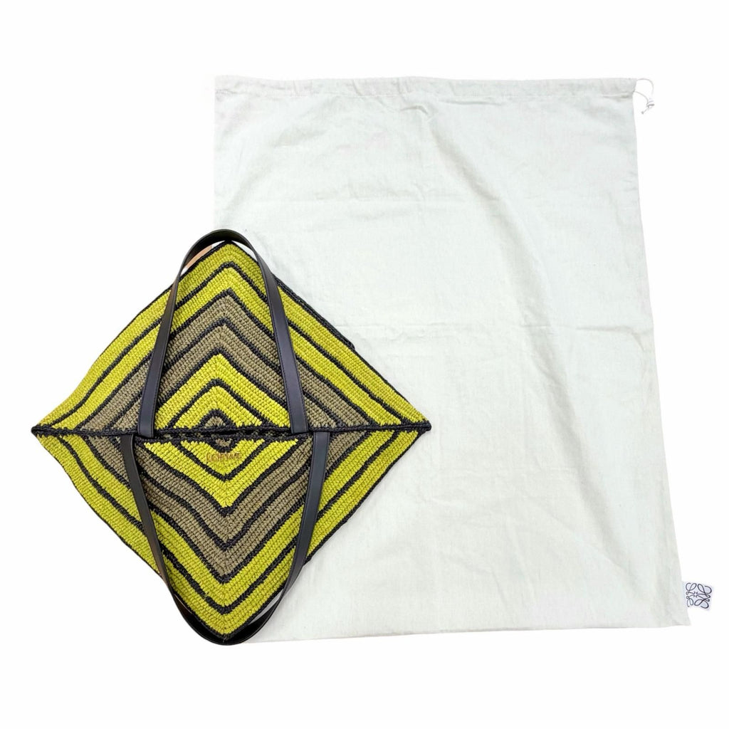 Loewe Puzzle Fold XL Tote Bag Raffia Leather Logo Black Green Gold — view 2