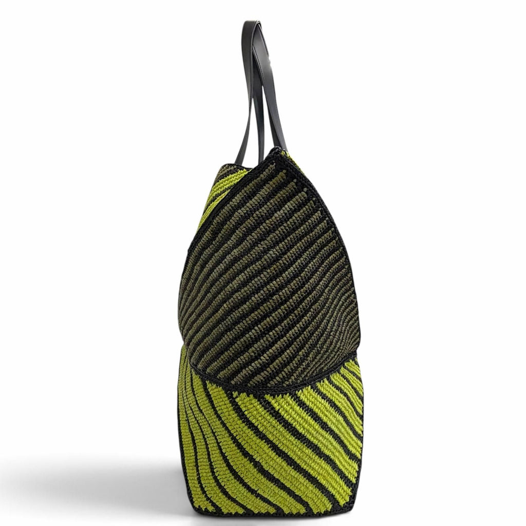 Loewe Puzzle Fold XL Tote Bag Raffia Leather Logo Black Green Gold — view 4