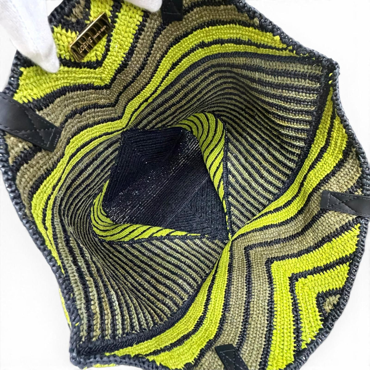 Loewe Puzzle Fold XL Tote Bag Raffia Leather Logo Black Green Gold — view 6