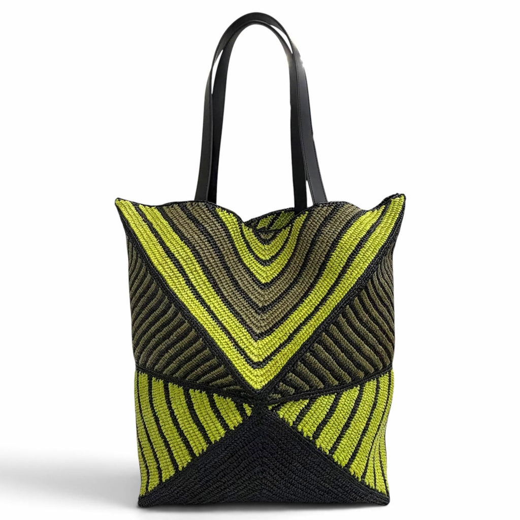 Loewe Puzzle Fold XL Tote Bag Raffia Leather Logo Black Green Gold — view 3