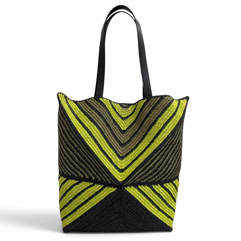 Loewe Puzzle Fold XL Tote Bag Raffia Leather Logo Black Green Gold