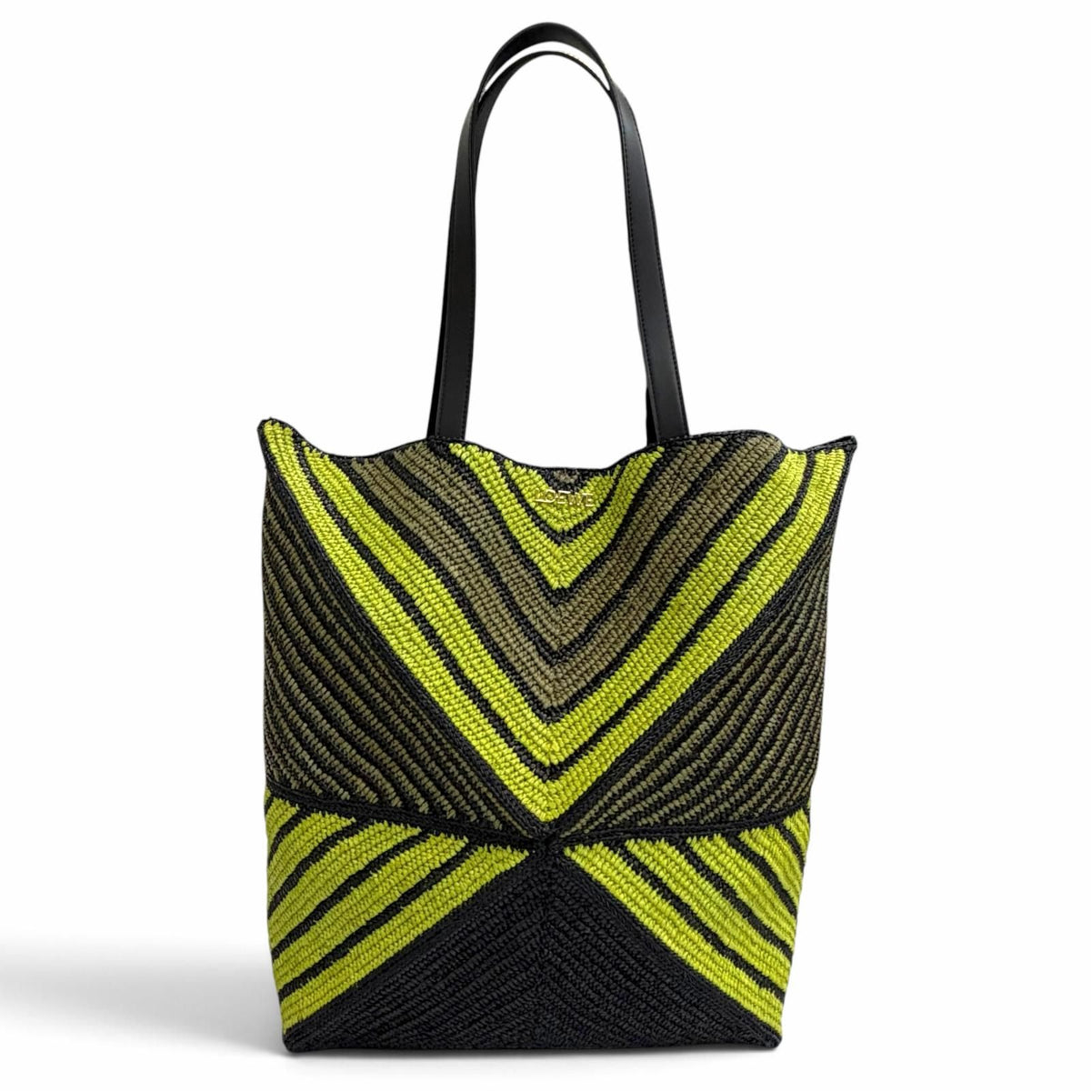Loewe Puzzle Fold XL Tote Bag Raffia Leather Logo Black Green Gold