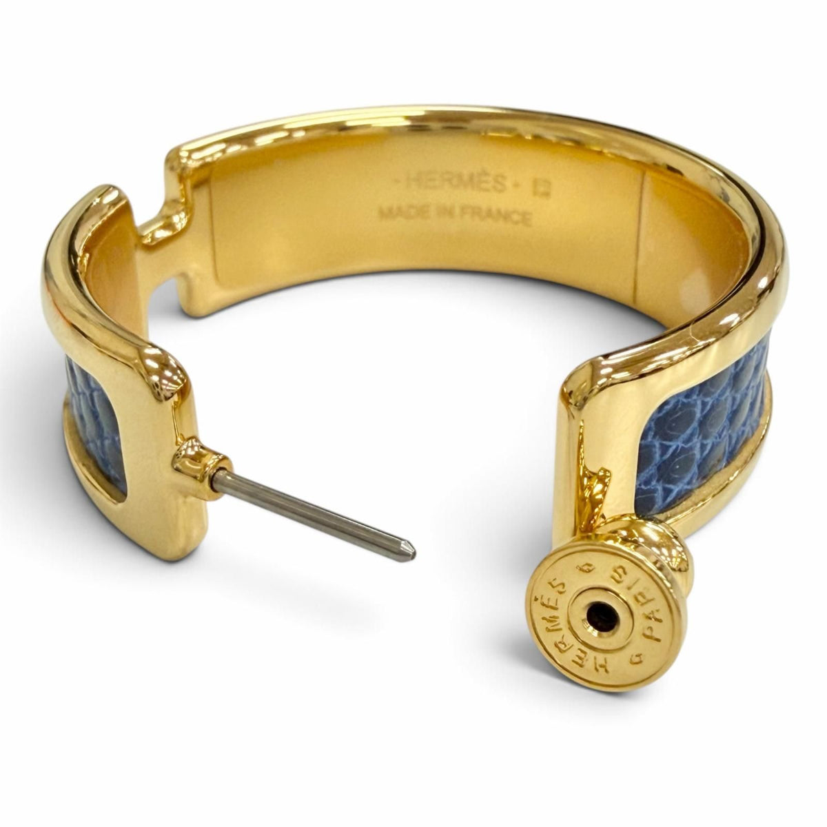 Hermes Olympe GM Hoop Earrings Lizard Gold Blue — view 7