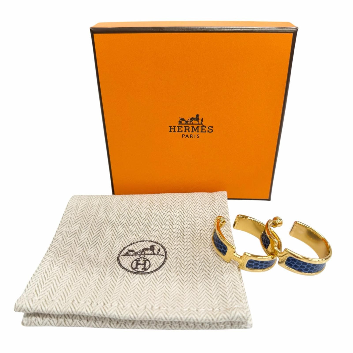 Hermes Olympe GM Hoop Earrings Lizard Gold Blue — view 2