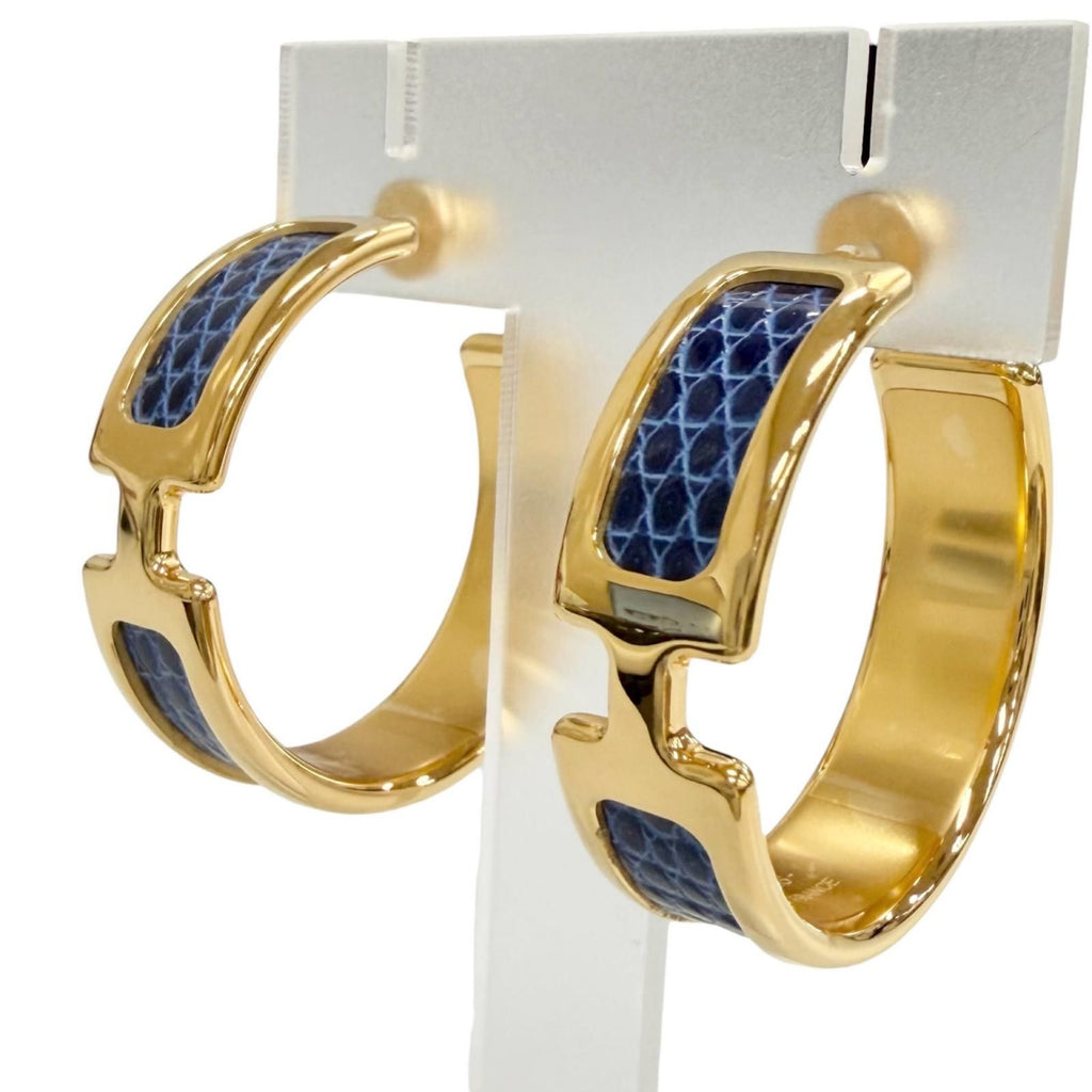 Hermes Olympe GM Hoop Earrings Lizard Gold Blue — view 3