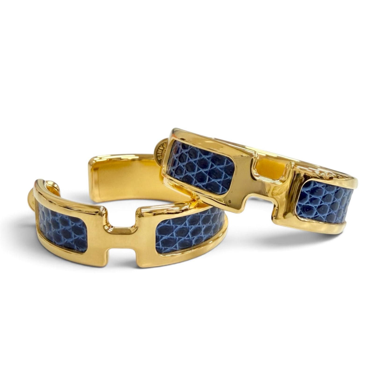 Hermes Olympe GM Hoop Earrings Lizard Gold Blue — view 6