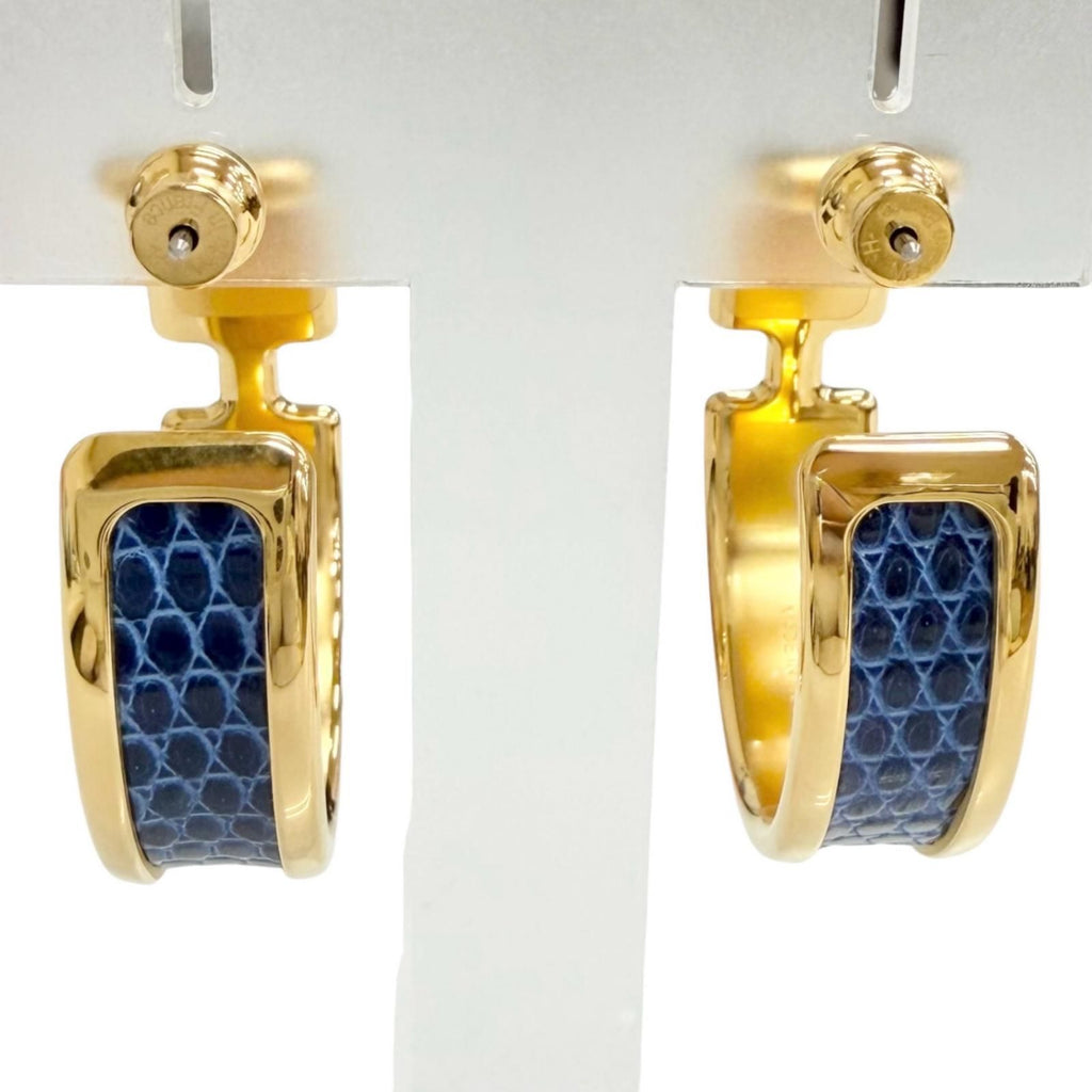 Hermes Olympe GM Hoop Earrings Lizard Gold Blue — view 4