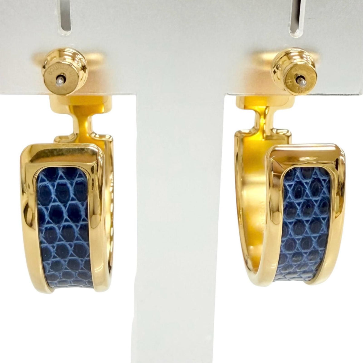 Hermes Olympe GM Hoop Earrings Lizard Gold Blue — view 4