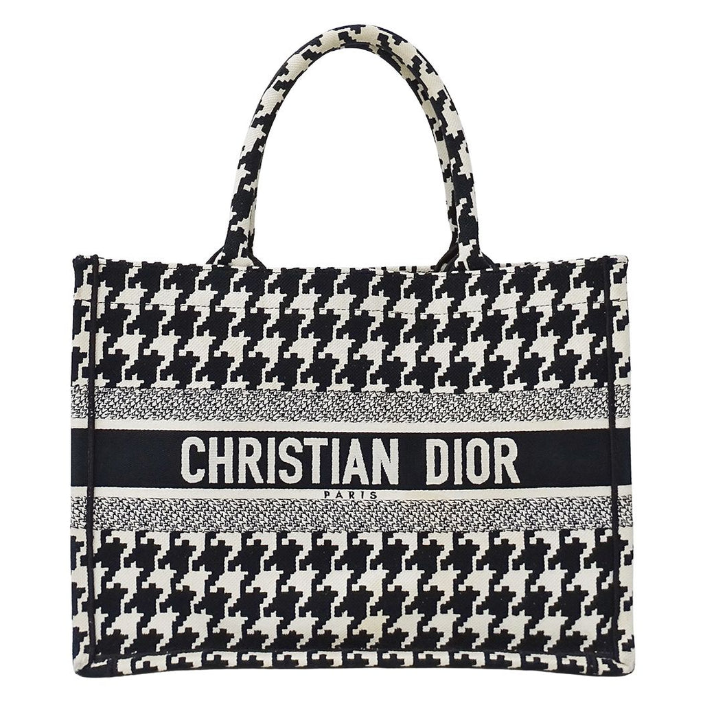 Dior Tote Bag Book Medium Canvas Black White Houndstooth Logo Large