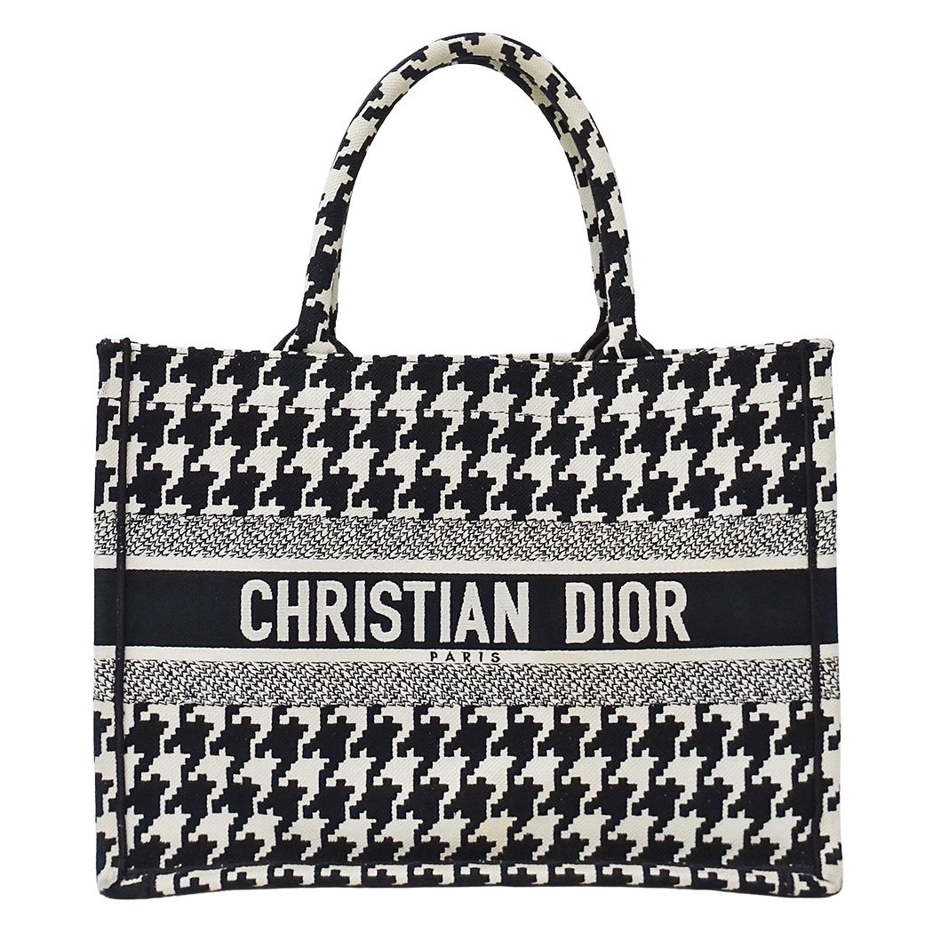 Dior Tote Bag Book Medium Canvas Black White Houndstooth Logo Large