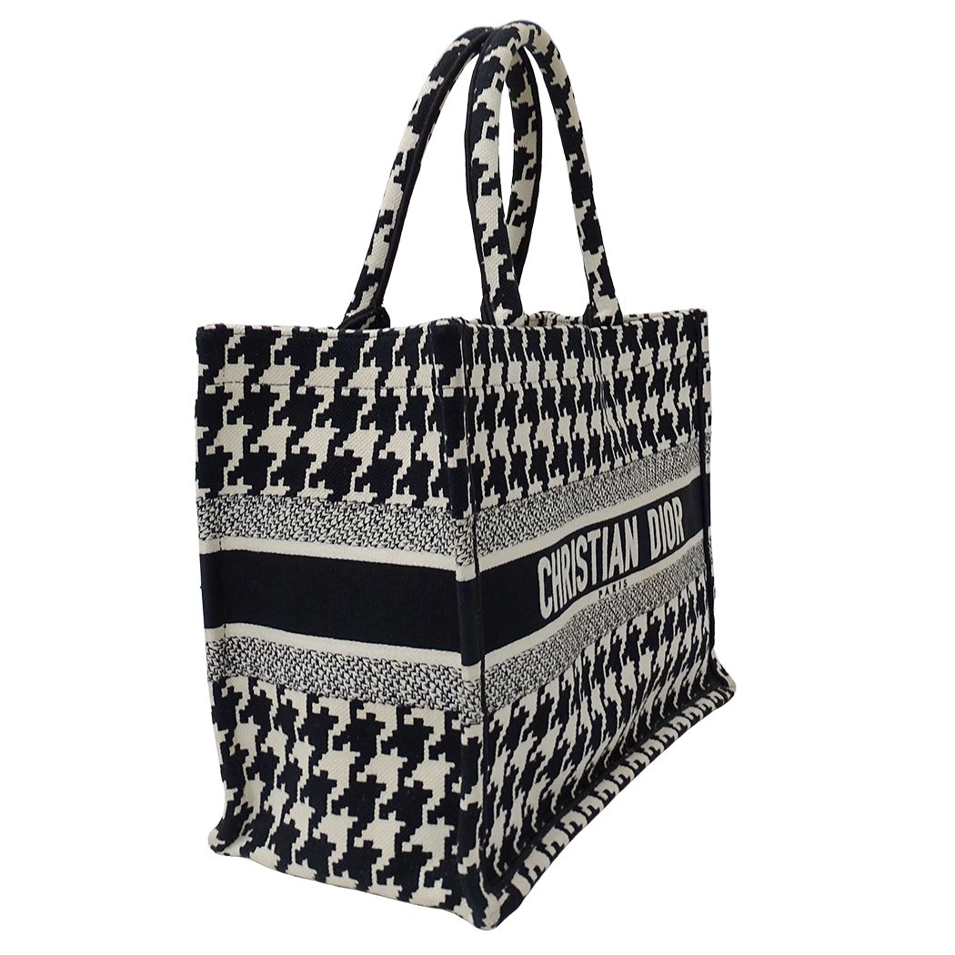 Dior Tote Bag Book Medium Canvas Black White Houndstooth Logo Large — view 4