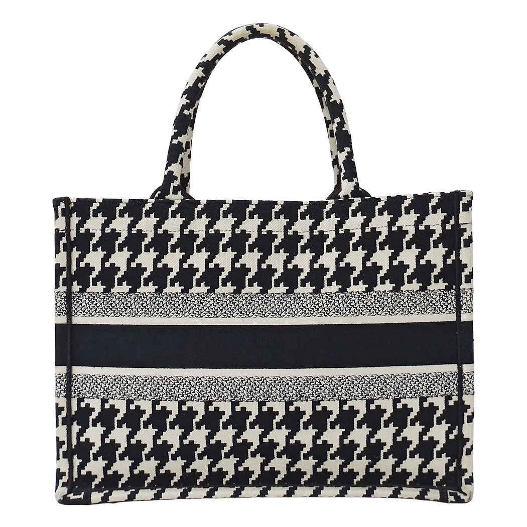 Dior Tote Bag Book Medium Canvas Black White Houndstooth Logo Large — view 2