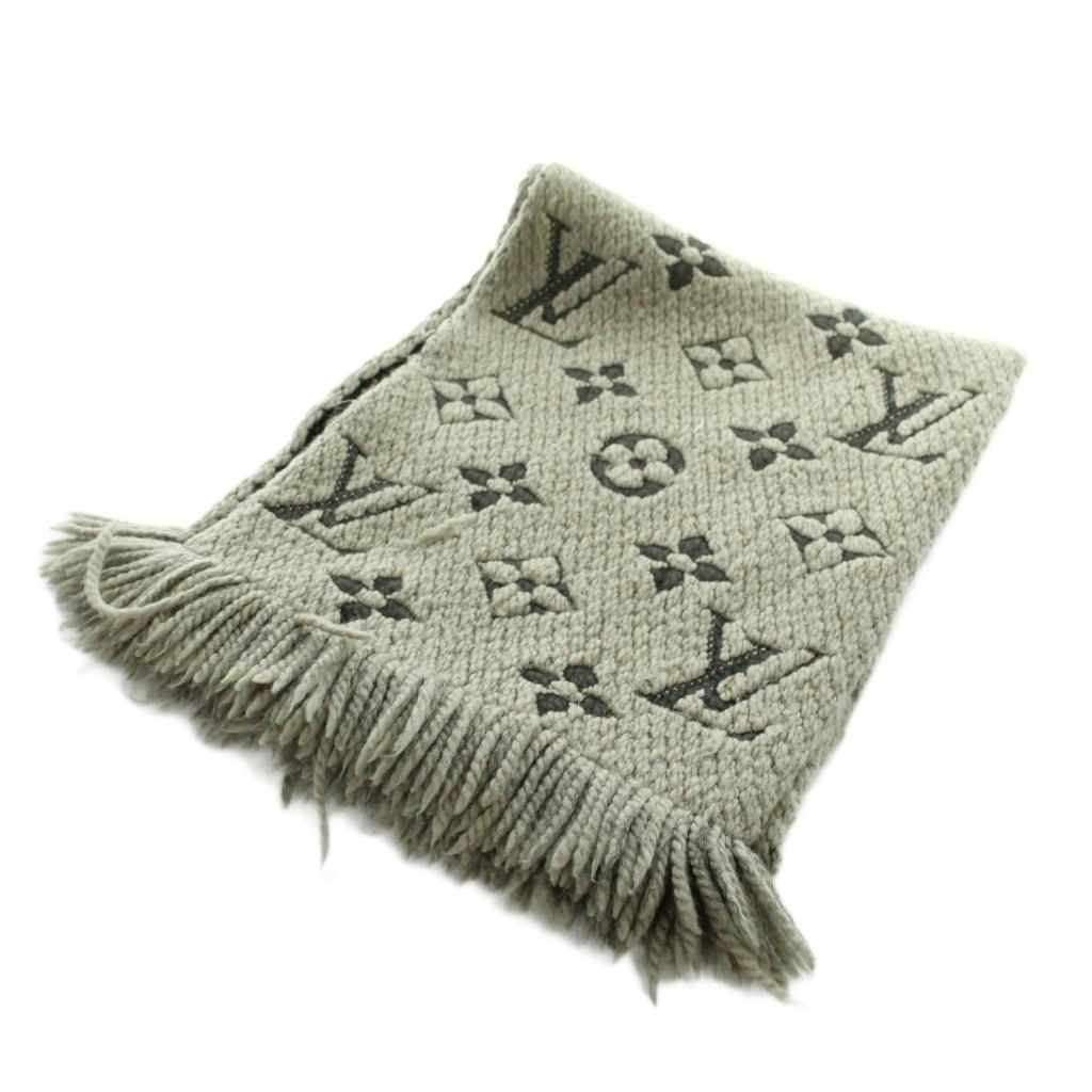 Louis Vuitton Logomania Scarf Shawl Logo Monogram Fringe Gray