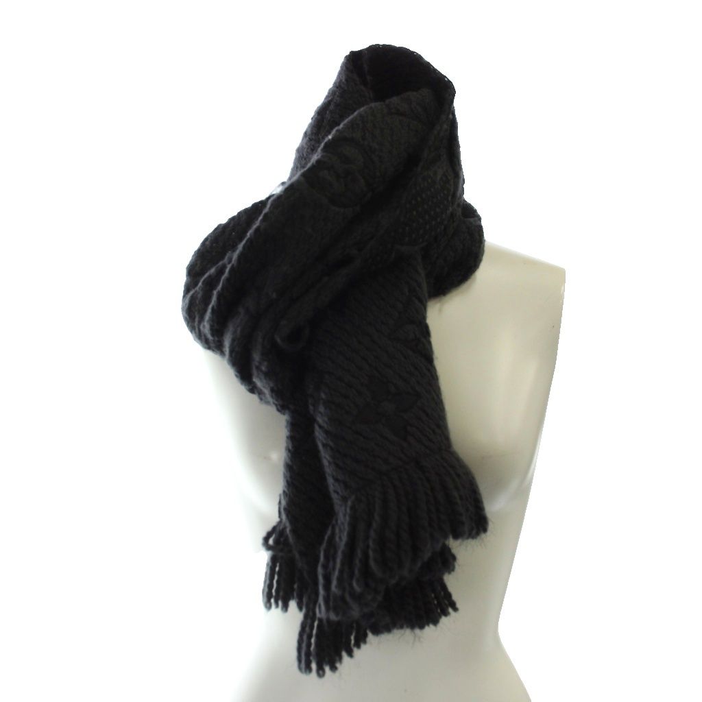 Louis Vuitton Scarf Shawl Logo Monogram Fringe Silk Blend Black — view 4