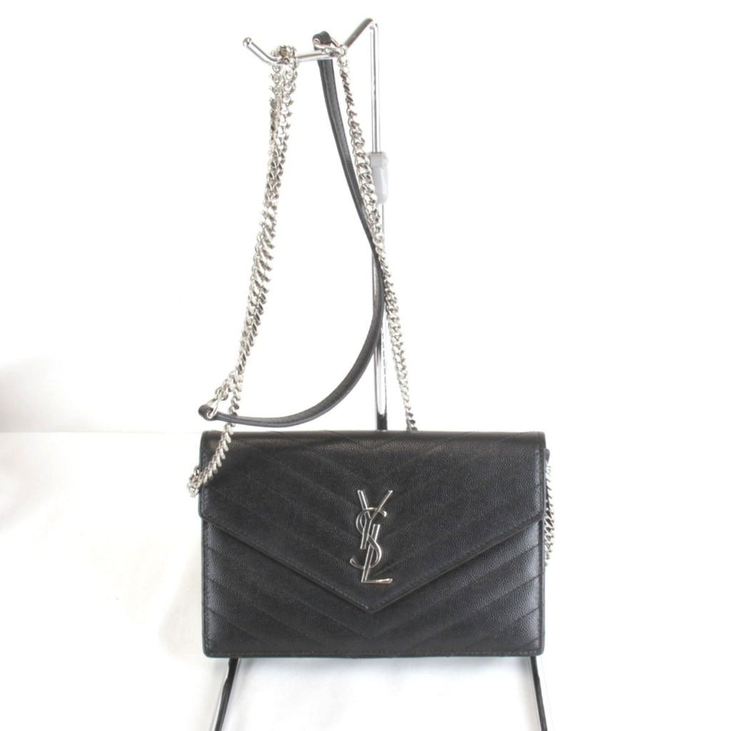 Saint Laurent V-stitch Chain Wallet Shoulder Bag Leather Black