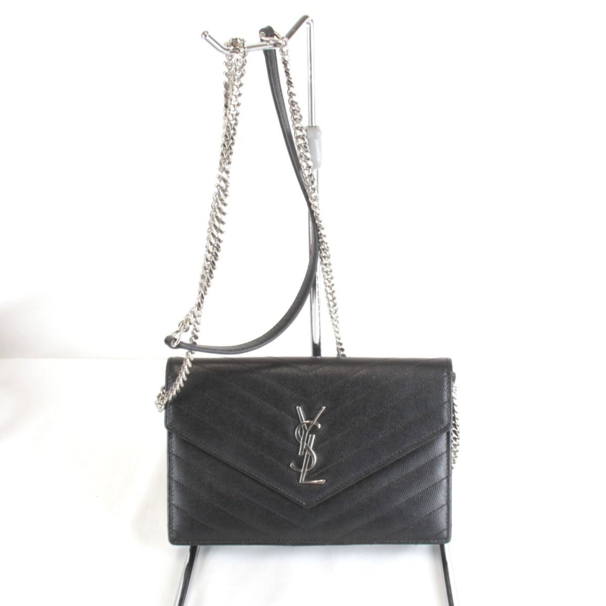 Saint Laurent V-stitch Chain Wallet Shoulder Bag Leather Black