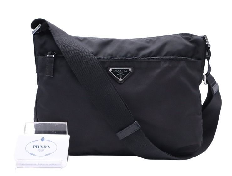 Prada Shoulder Bag Black Nylon Saffiano Leather Silver