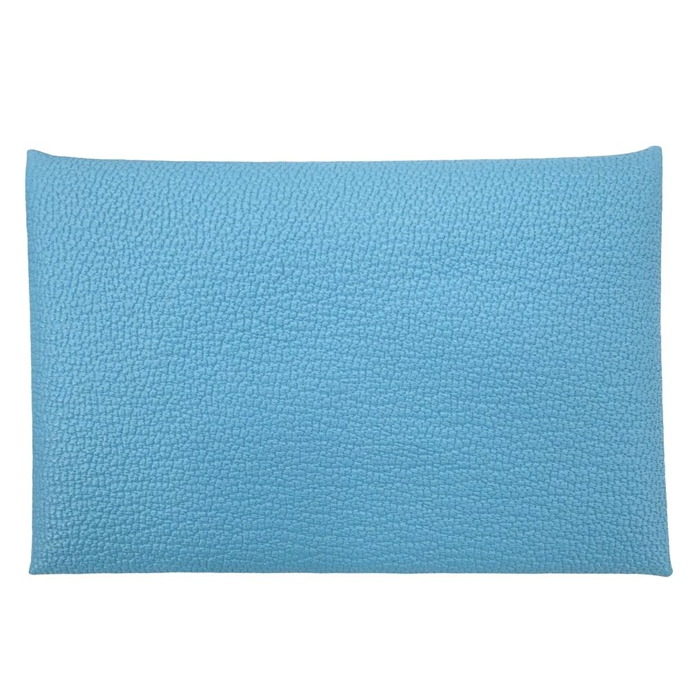 Hermes Card Case Calvi Coin Purse Business Leather Light Blue Silver