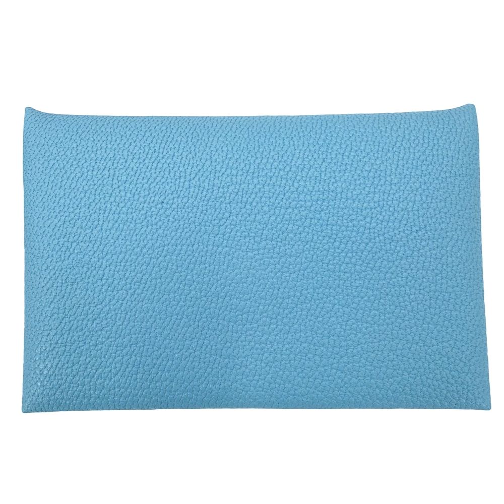 Hermes Card Case Calvi Coin Purse Business Leather Light Blue Silver — view 2