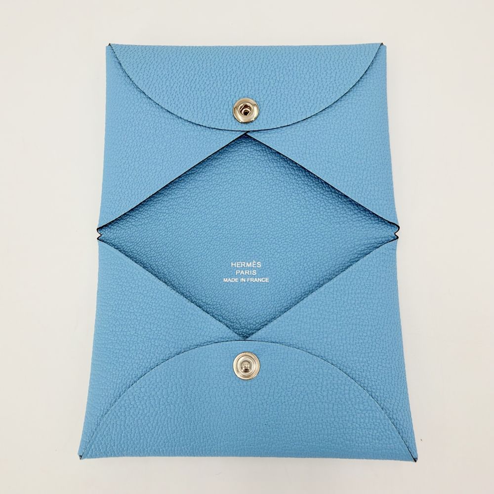 Hermes Card Case Calvi Coin Purse Business Leather Light Blue Silver — view 4