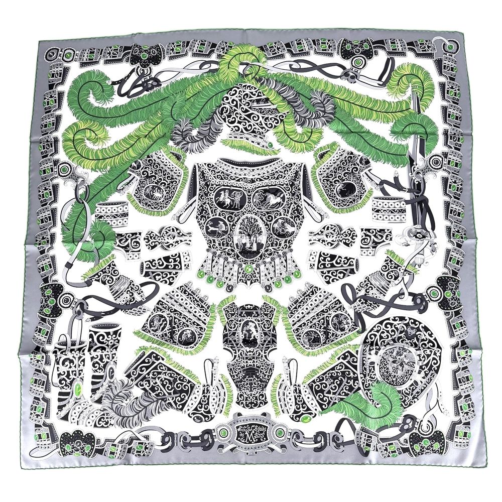 Hermes Scarf Carre 90 Sous le Gide de Mars Tactician Silk Gray Green