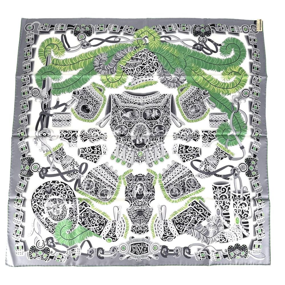 Hermes Scarf Carre 90 Sous le Gide de Mars Tactician Silk Gray Green — view 2