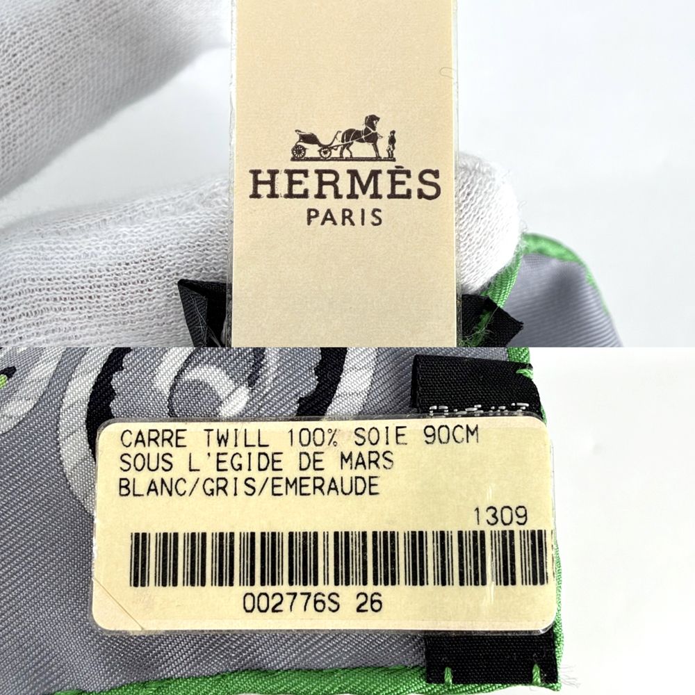Hermes Scarf Carre 90 Sous le Gide de Mars Tactician Silk Gray Green — view 3