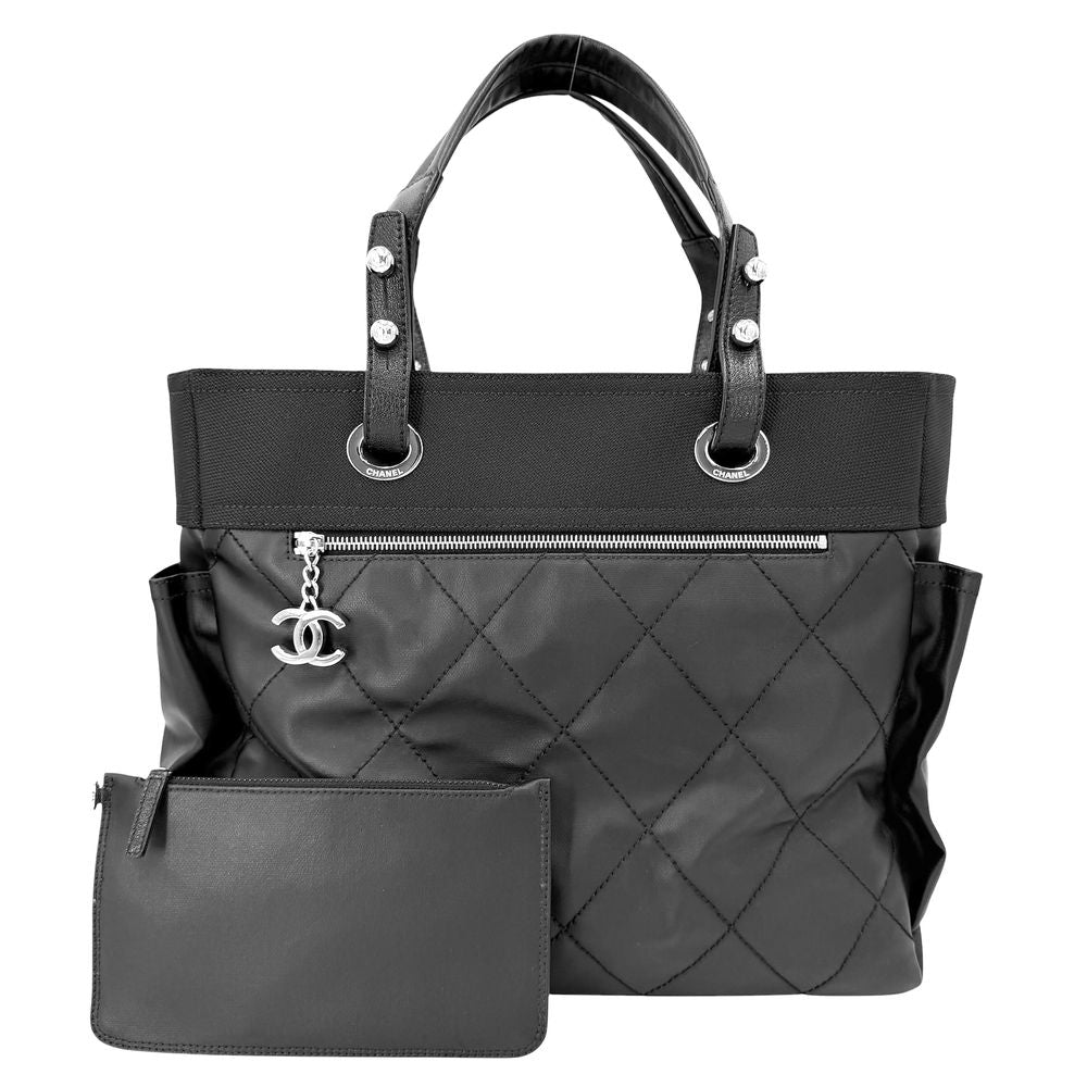 Chanel Tote Paris Biarritz MM Handbag CC Logo Shoulder Leather Black Silver